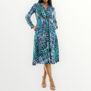 Maison Tara Collared Lattice Line Print Midi Dress Blue Multi Size 4 NWT